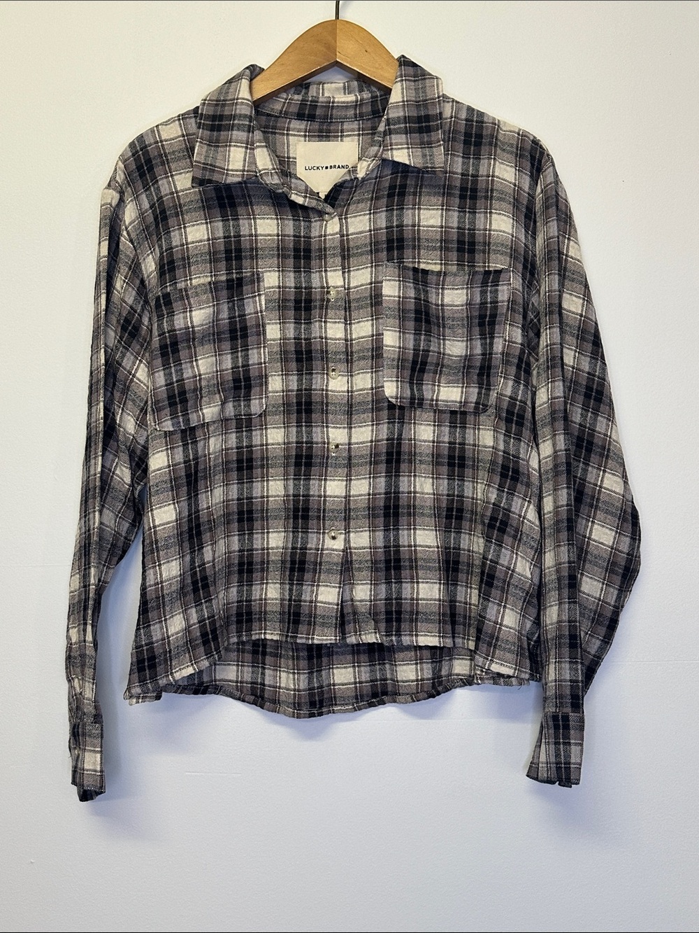 Lucky Brand Cream and lilac Plaid crop Button-up Flannel Top - Picture 4 of 4